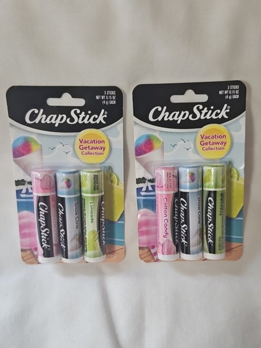 ChapStick Vacation Getaway Lip Balm Tubes Cotton Candy, Snow Cone, Limeade, 0.15